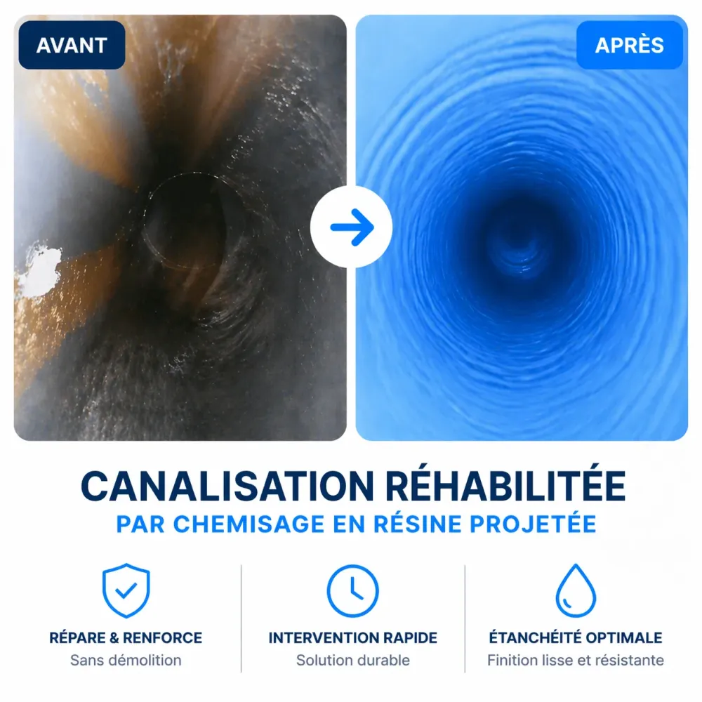 Avant après de réhabilitation de canalisation par chemisage en résine projetée à Cagnes-sur-Mer dans les Alpes-Maritimes